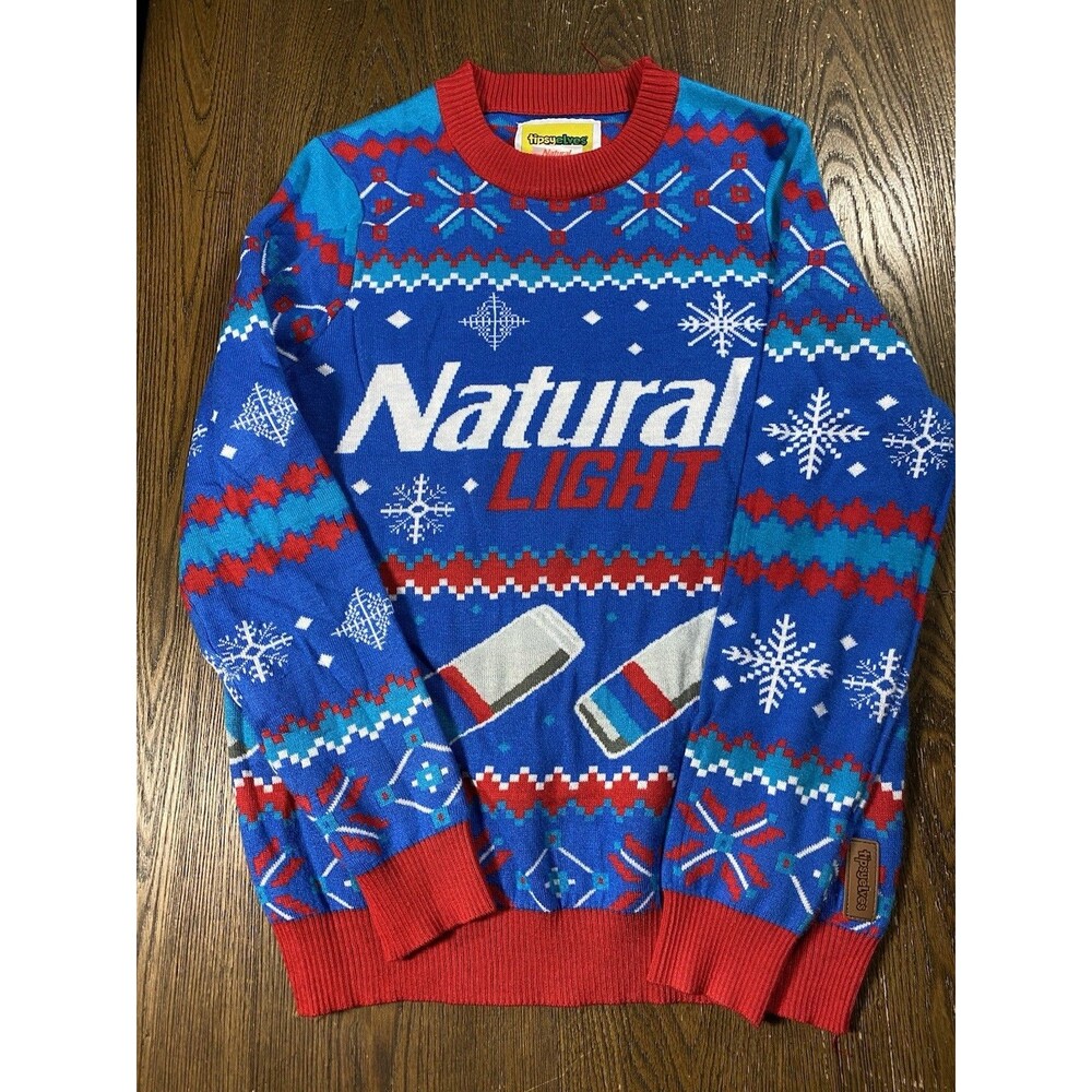 Tipsy Elves Natural Natty Light Ugly Christmas Sweater SZ M Beer Funny 19pit2pit